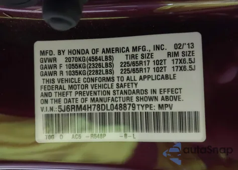 2013 Honda Cr-V Ex-L из США, поврежденный, VIN 5J6RM4H78DL048879